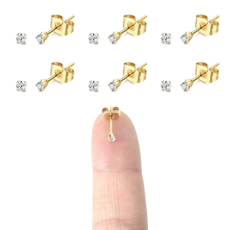 Gorgeouser 14K Gold Plating Tiny 2MM Cubic Zirconia Stud Earrings Minimal 20G Cartilage Piercing Ear Studs Smallest CZ Post Earrings for Women&Men - Image 1