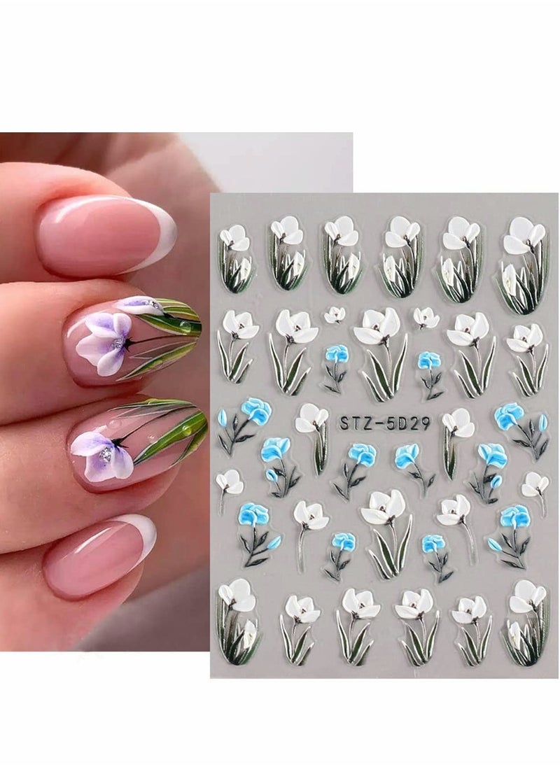 Excefore Flowers Nail Decals 6 Sheets 5D Embossed Stickers for Acrylic Nails Engraved Flower Art Accessories French Adhesive Butterfly Women  - Image 2