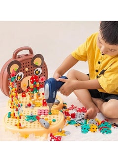 ranxian 203-Piece Kids Repair Tool Box, Creative Construction Engineering Building Block Games with Toy Drill and Screwdriver Tool Set, Brown  - Image 1