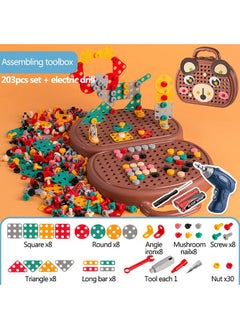 ranxian 203-Piece Kids Repair Tool Box, Creative Construction Engineering Building Block Games with Toy Drill and Screwdriver Tool Set, Brown  - Image 3