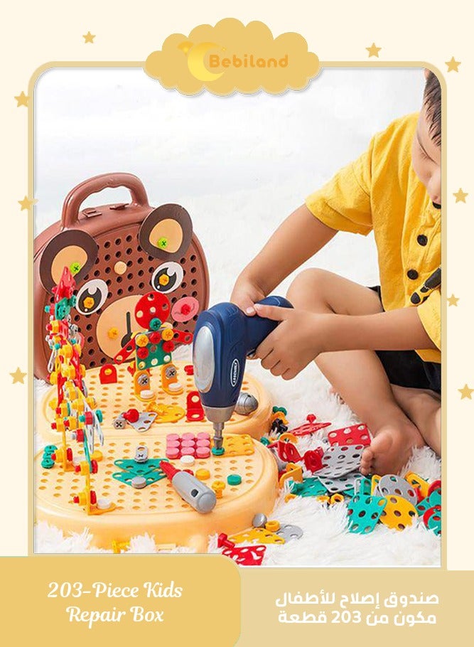 Bebiland 203-Piece Kids Repair Tool Box, Creative Construction Engineering Building Block Games with Toy Drill and Screwdriver Tool Set, Brown - Image 1