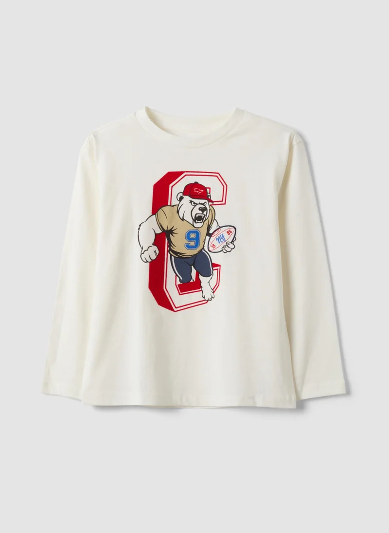 Ovs OVS White Pure Cotton Crew-Neck T-Shirt With Bear Print For Boys