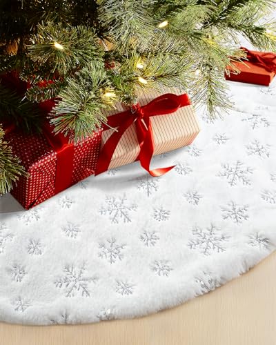 COOLWUFAN 36 Inches Faux Fur Christmas Tree Skirt for Xmas Tree Holiday Party Decorations White Plush Silver Sequin Snowflake Silver - Image 1