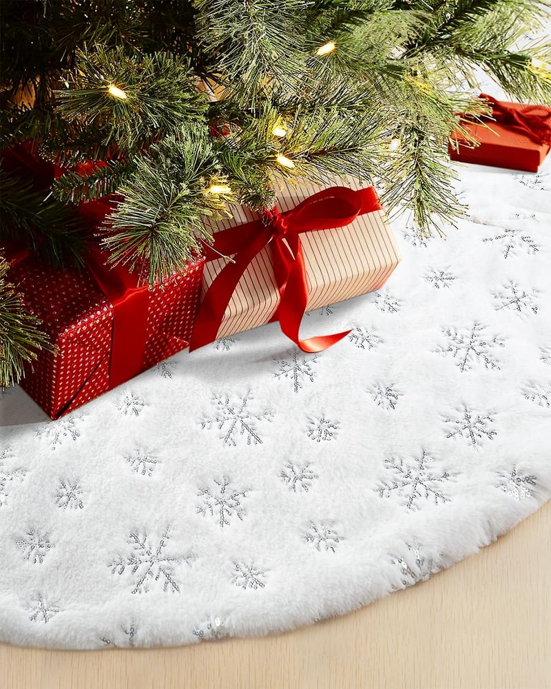 COOLWUFAN 36 Inches Faux Fur Christmas Tree Skirt for Xmas Tree Holiday Party Decorations White Plush Silver Sequin Snowflake Silver - Image 2