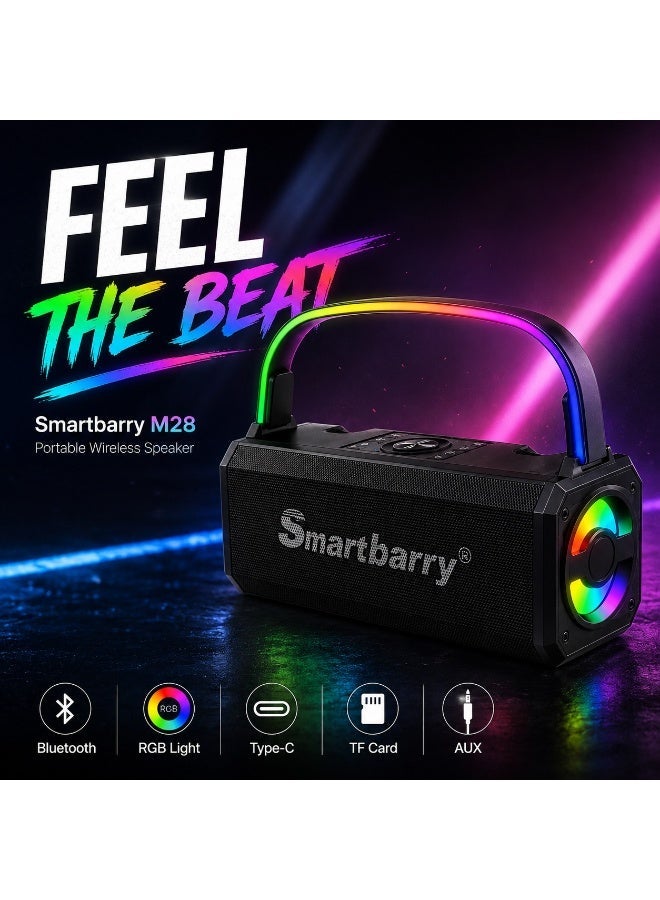 Smartbarry Compact Portable Bluetooth Speaker M28 – RGB Lights, Hi-Fi Stereo Output, Deep Bass Audio, Fast Type-C Charging, AUX + TF Card Support, Carry Handle for Travel & Home Entertainment UAE - Image 1