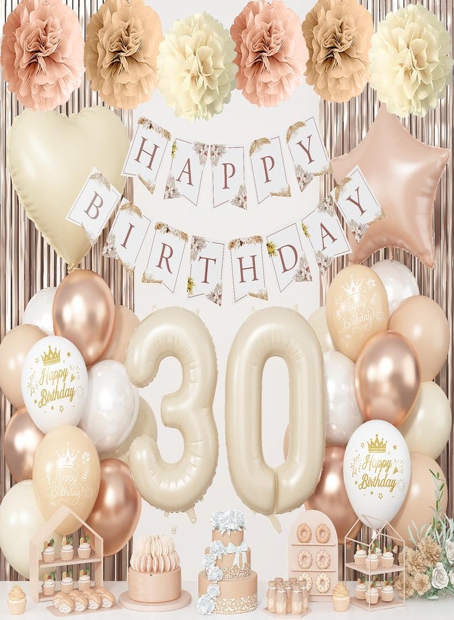 Togvu 30th Beige Birthday Decorations for Her, Cream Foil Number 30 Heart Tan Star Balloons Boho White Gold Nude Balloons with Neutral Birthday Banner Fringe Curtain Paper Pompoms Women Party Decor Supplies - Image 1