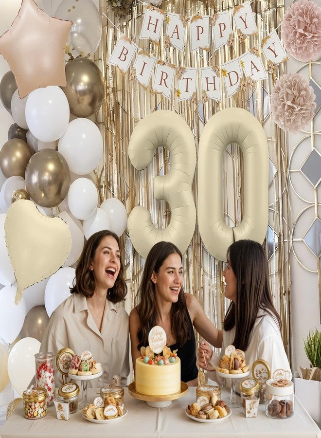 Togvu 30th Beige Birthday Decorations for Her, Cream Foil Number 30 Heart Tan Star Balloons Boho White Gold Nude Balloons with Neutral Birthday Banner Fringe Curtain Paper Pompoms Women Party Decor Supplies - Image 3