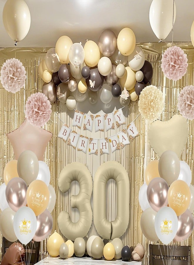 Togvu 30th Beige Birthday Decorations for Her, Cream Foil Number 30 Heart Tan Star Balloons Boho White Gold Nude Balloons with Neutral Birthday Banner Fringe Curtain Paper Pompoms Women Party Decor Supplies - Image 5
