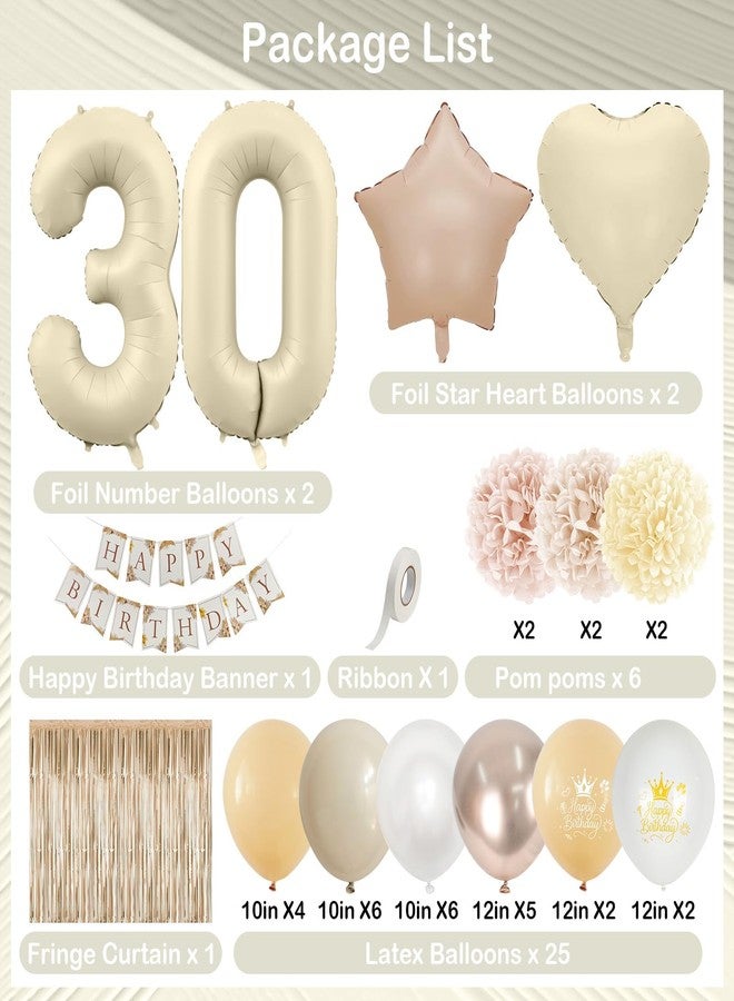 Togvu 30th Beige Birthday Decorations for Her, Cream Foil Number 30 Heart Tan Star Balloons Boho White Gold Nude Balloons with Neutral Birthday Banner Fringe Curtain Paper Pompoms Women Party Decor Supplies - Image 2