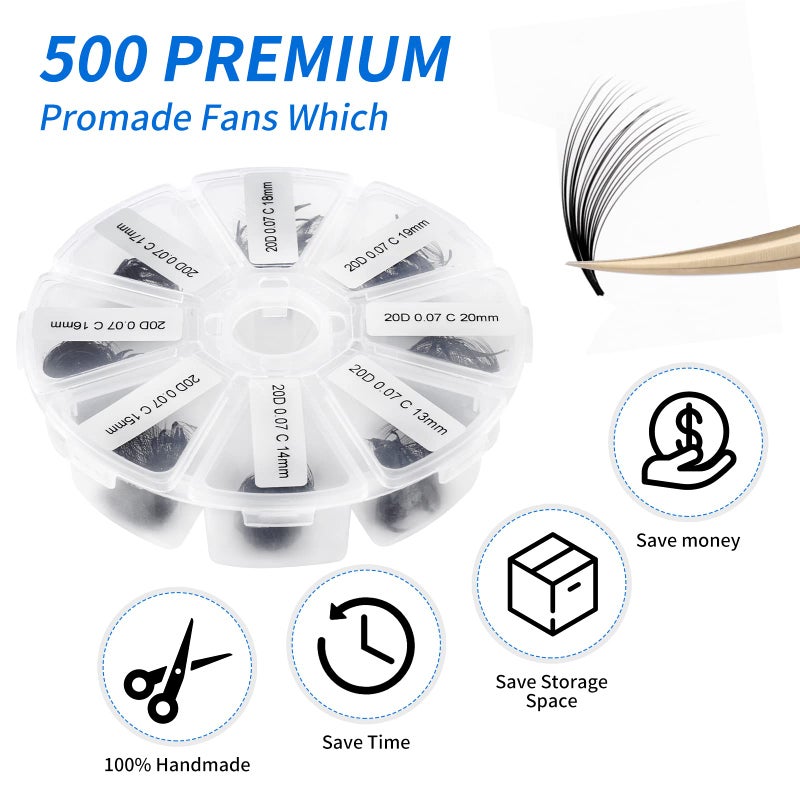 WENDY LASHES Premade Fans Short Stem 500 PCS 20D Eyelash Extensions 0.07mm C/D Curl 9-16mm Mixed WENDY LASHES Russian Volume Pre-made Lash Extension (500PCS-20D-0.07-D, 9-16mm mixed) - Image 2