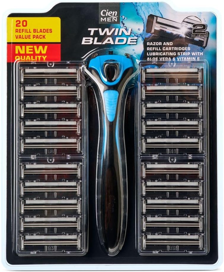 Cien Men Twin Blade Shaving System Pack of 20 Refill Cartridges with Lubricating Strips Multicolor