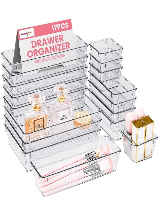 HOUSE DAY HOUSE DAY Makeup Drawer Organizer Trays 17 PCS, 4-Size Clear Drawer Organizers with Silicone Pads, Vanity Organizers and Storage, Non Slip Plastic Drawer Organizer for Desk, Bathroom, Kitchen, Office  - Image 2