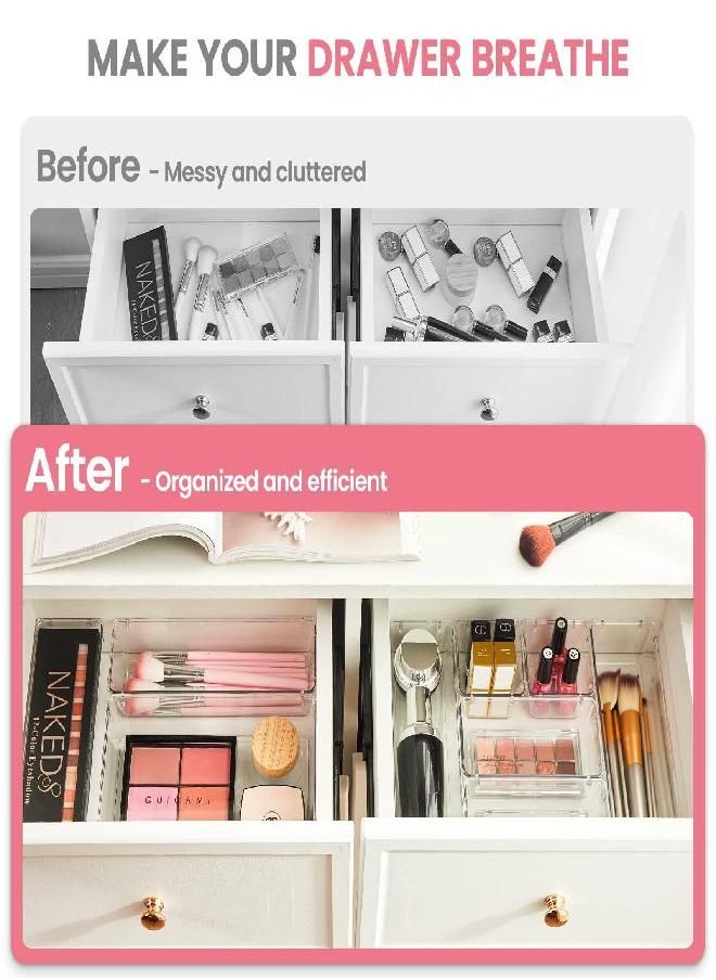 HOUSE DAY HOUSE DAY Makeup Drawer Organizer Trays 17 PCS, 4-Size Clear Drawer Organizers with Silicone Pads, Vanity Organizers and Storage, Non Slip Plastic Drawer Organizer for Desk, Bathroom, Kitchen, Office  - Image 1