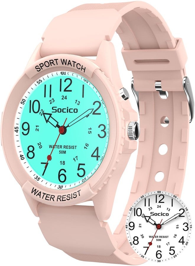 SOCICO Watch for Men Women Big Face Classic Analog Quartz Sports Backlight Unisex Waterproof Nurse Watch for Medical Army Military Time with Second Hand Easy to Read Casual Wristwatch, Pink, Military Time - Image 1