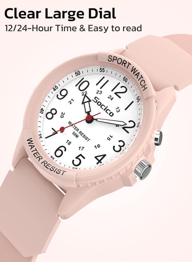 SOCICO Watch for Men Women Big Face Classic Analog Quartz Sports Backlight Unisex Waterproof Nurse Watch for Medical Army Military Time with Second Hand Easy to Read Casual Wristwatch, Pink, Military Time - Image 4