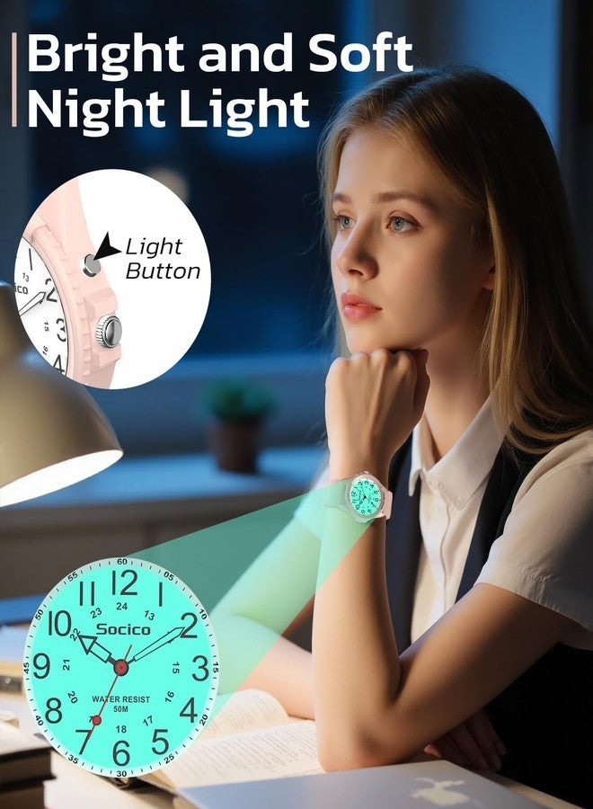 SOCICO Watch for Men Women Big Face Classic Analog Quartz Sports Backlight Unisex Waterproof Nurse Watch for Medical Army Military Time with Second Hand Easy to Read Casual Wristwatch, Pink, Military Time - Image 2