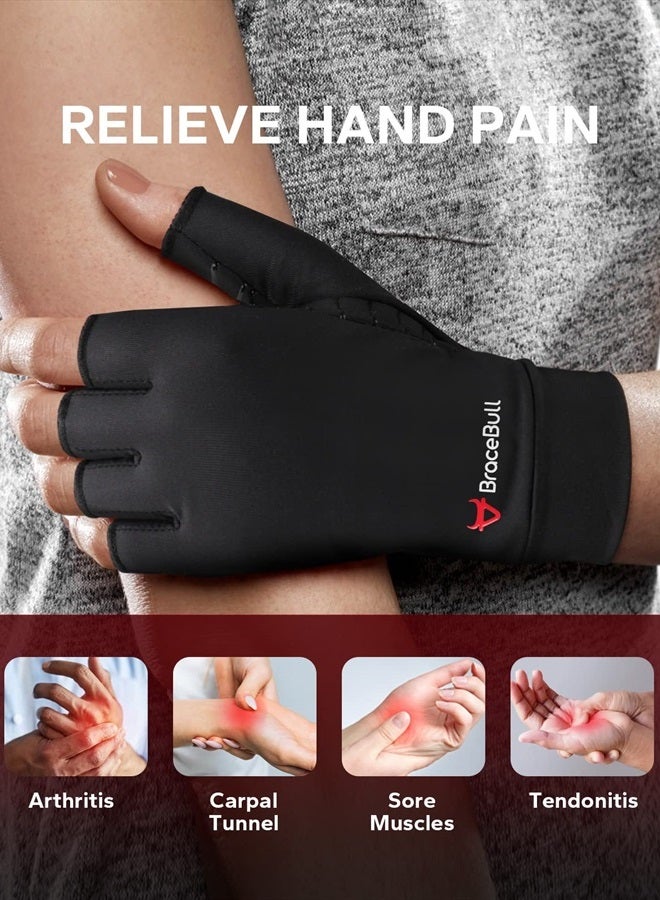KMEIVOL BraceBull Arthritis Gloves (2 Count), Copper Infused Fingerless Compression Gloves for Hand Pain, Carpal Tunnel, RSI, Rheumatoid, Tendonitis, and Relieve Muscle Pain for Women & Men (M, Black) - Image 2