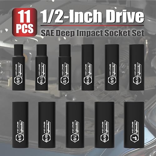 EPAuto 1/2-Inch Drive SAE Deep Impact Socket Set, Cr-V, 6 Points, 11 Sockets - Image 3