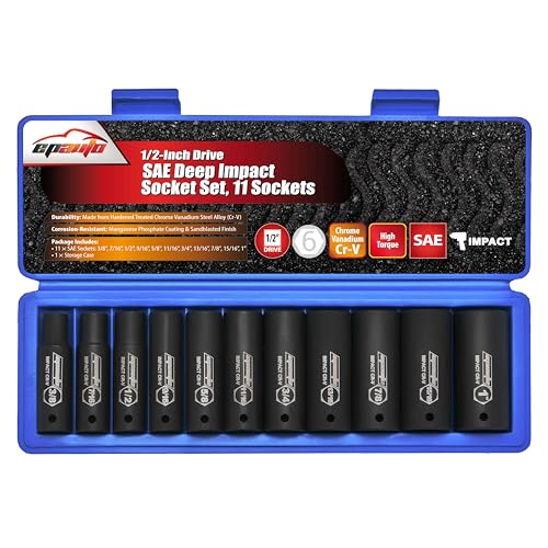EPAuto 1/2-Inch Drive SAE Deep Impact Socket Set, Cr-V, 6 Points, 11 Sockets - Image 1