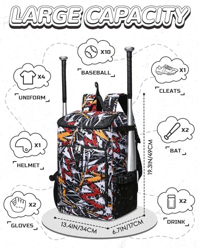 FOKDUVB Baseball Softball Gear Bag Backpack for Boys Girls Ages 812 1214 Large Kids Youth Bat Bag with Ventilated Shoe Compartment Baseball Softball Players Stuff Supplies BlackYellow Geometric - Image 3