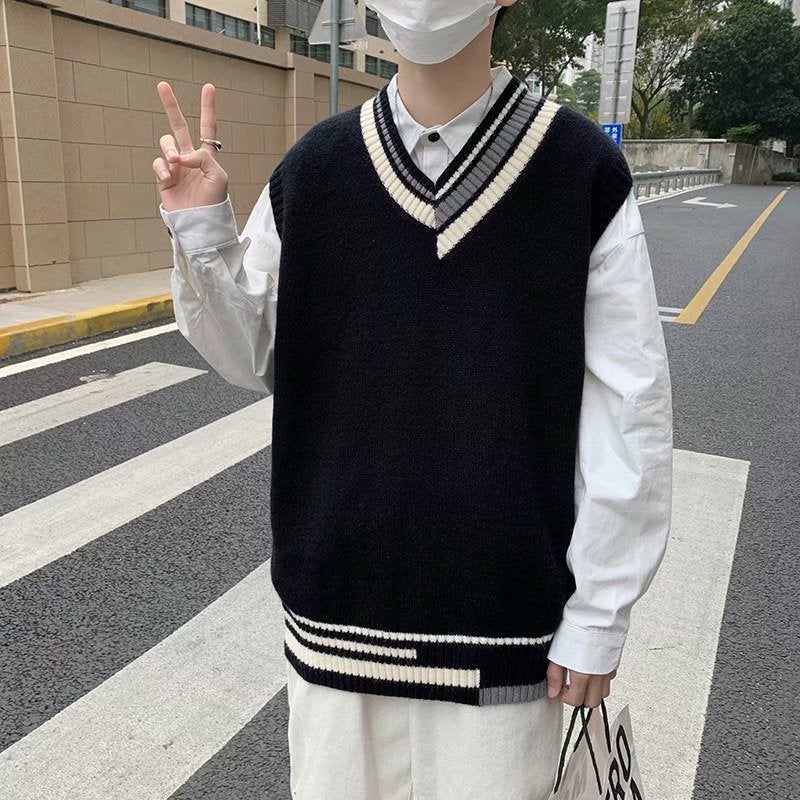 Cross-border Sweater Vest Mens Korean Style ins Fashionable V-neck Pullover Sweater Spring and Autumn All-match Handsome Vest Knitted Sweater Gray B02  - Image 4