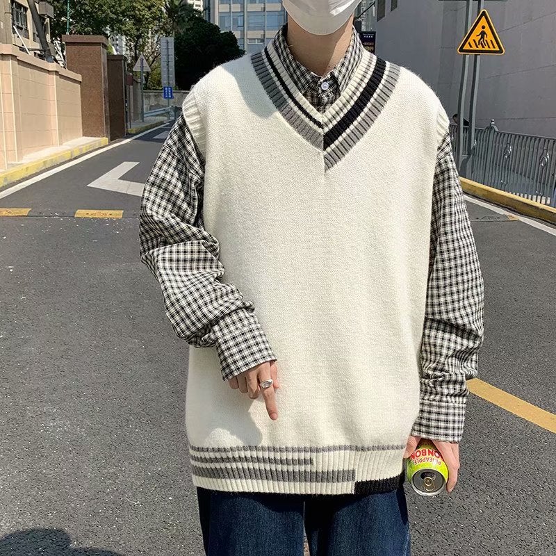 Cross-border Sweater Vest Mens Korean Style ins Fashionable V-neck Pullover Sweater Spring and Autumn All-match Handsome Vest Knitted Sweater Gray B02  - Image 2