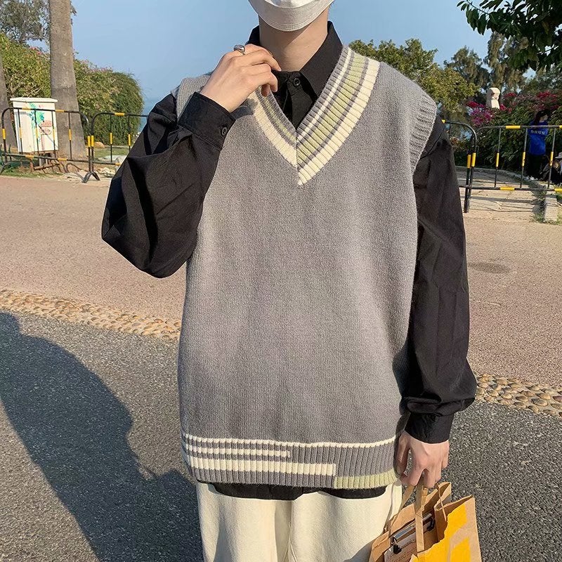 Cross-border Sweater Vest Mens Korean Style ins Fashionable V-neck Pullover Sweater Spring and Autumn All-match Handsome Vest Knitted Sweater Gray B02  - Image 1