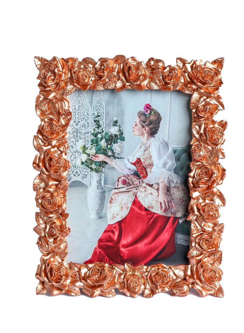 Vintage Picture Photo Frame Flower Leaf with Glass Front Antique Display for Tabletop Wall Hanging Home Office Shop Store Decoration Festivals Gift Rose Gold 3x4.8In - Image 1