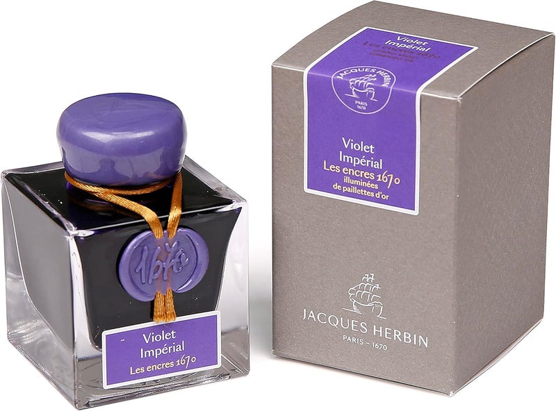 Jacques Herbin 15076JT - One Bottle of Gold Glitter Ink for Fountain Pen, Rollerball, Glass Nib and Nib Holder 50 ml, Imperial Purple - Image 3