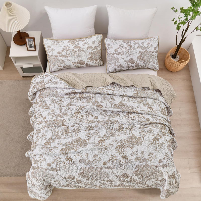 WONGS BEDDING Botanical Quilt Set Queen Size  Khaki 3 Pieces Floral Plants Printed Bedspread Bedding Set Brown Soft Lightweight Microfiber Coverlet Set for All Season (96""x90"") - Image 3