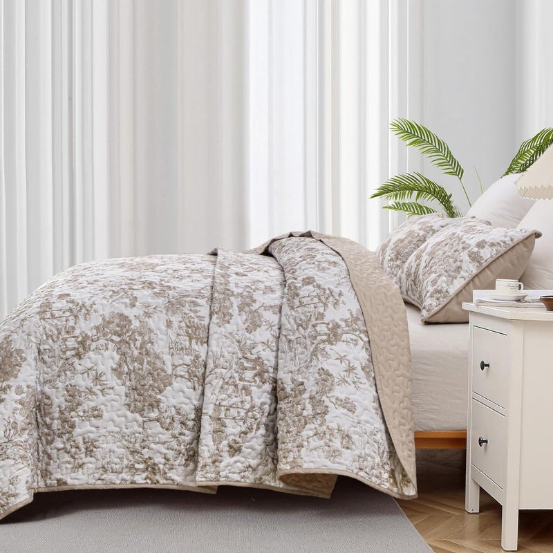 WONGS BEDDING Botanical Quilt Set Queen Size  Khaki 3 Pieces Floral Plants Printed Bedspread Bedding Set Brown Soft Lightweight Microfiber Coverlet Set for All Season (96""x90"") - Image 4