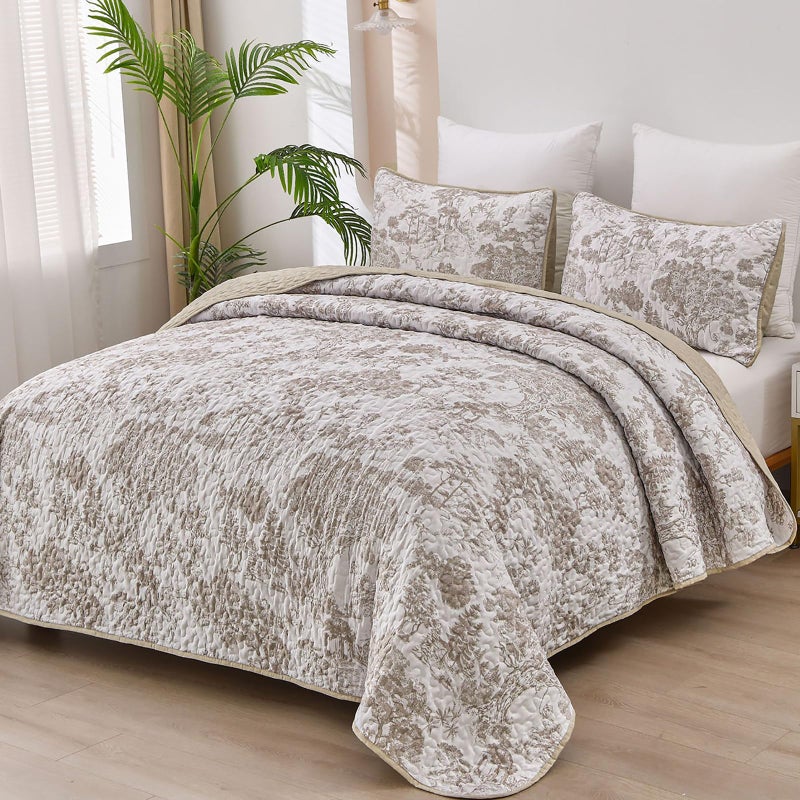 WONGS BEDDING Botanical Quilt Set Queen Size  Khaki 3 Pieces Floral Plants Printed Bedspread Bedding Set Brown Soft Lightweight Microfiber Coverlet Set for All Season (96""x90"") - Image 1