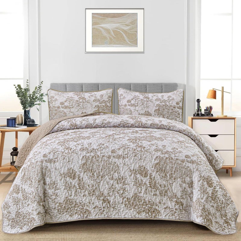 WONGS BEDDING Botanical Quilt Set Queen Size  Khaki 3 Pieces Floral Plants Printed Bedspread Bedding Set Brown Soft Lightweight Microfiber Coverlet Set for All Season (96""x90"") - Image 2