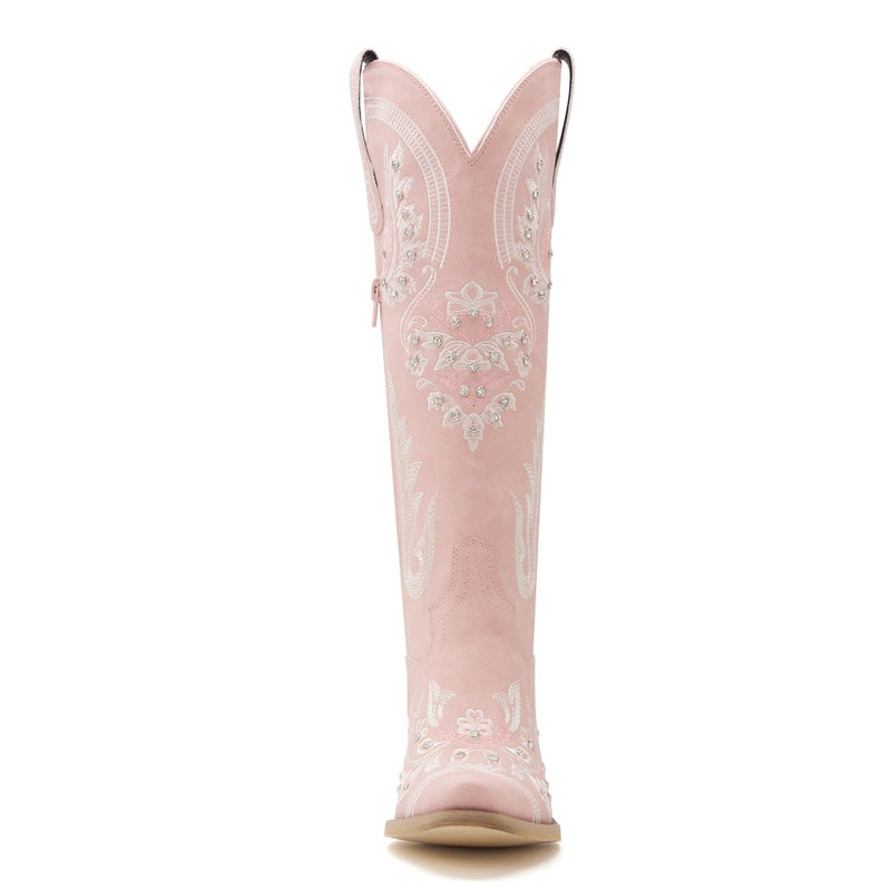 vodvob Western Cowboy Boots for Women Embroidered Rhinestones Knee High Cowgirl Boots Pointed Toe Chunky Heel Fashion Retro Classic Tall Boot - Image 4
