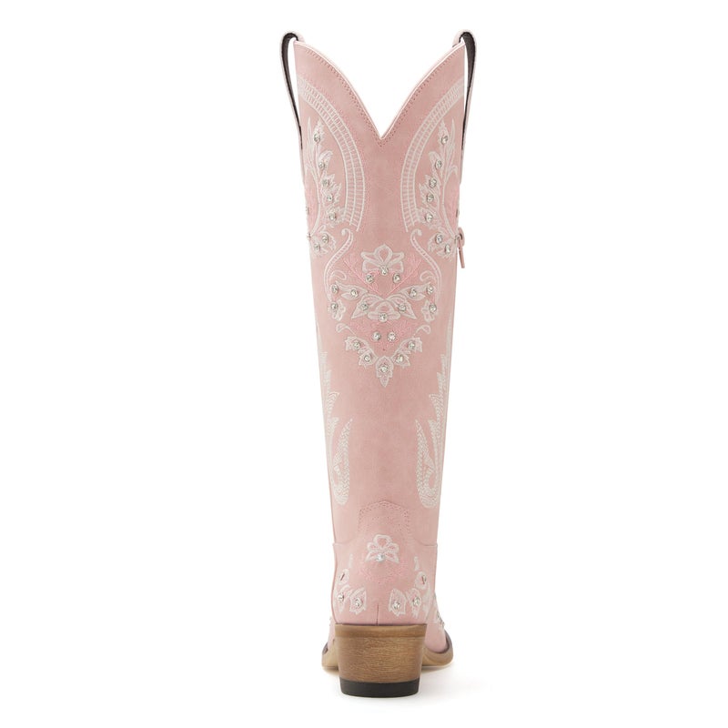vodvob Western Cowboy Boots for Women Embroidered Rhinestones Knee High Cowgirl Boots Pointed Toe Chunky Heel Fashion Retro Classic Tall Boot - Image 5