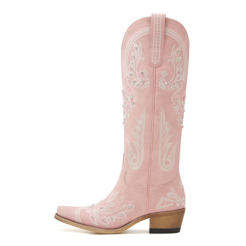 vodvob Western Cowboy Boots for Women Embroidered Rhinestones Knee High Cowgirl Boots Pointed Toe Chunky Heel Fashion Retro Classic Tall Boot - Image 2
