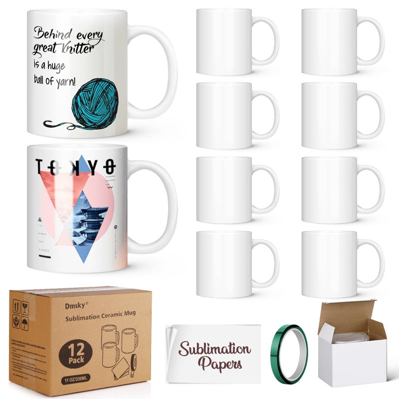 Dmsky Sublimation Coffee Mugs Tazas Para Sublimar 11 oz Blank Bulk Coffee Mug White Ceramic Photo Cups With Box Heat Tape sublimation paper Ideal for Crafts Printing Set of 12