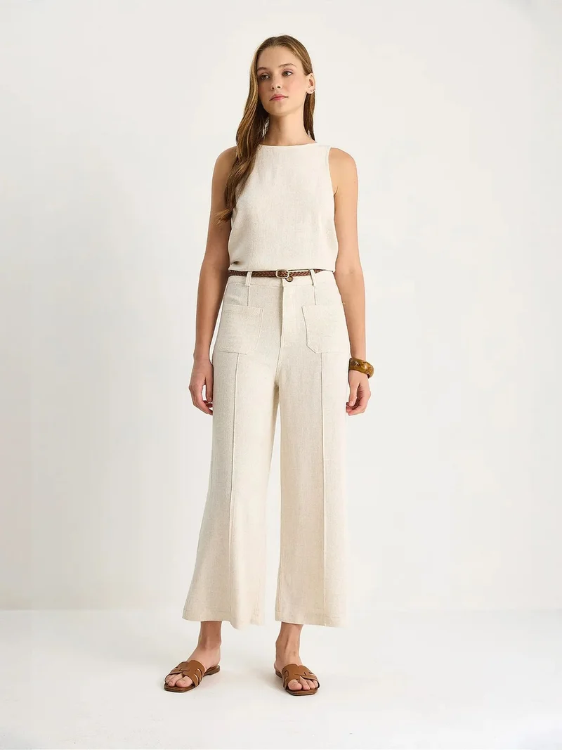 Bianco Lucci Beige Natural LUCCI High Waist Wide Leg Ankle-Length Pants with Belt for Women | Best Price UAE
