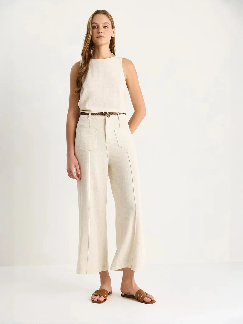Bianco Lucci Beige Natural LUCCI High Waist Wide Leg Ankle-Length Pants with Belt for Women | Best Price UAE