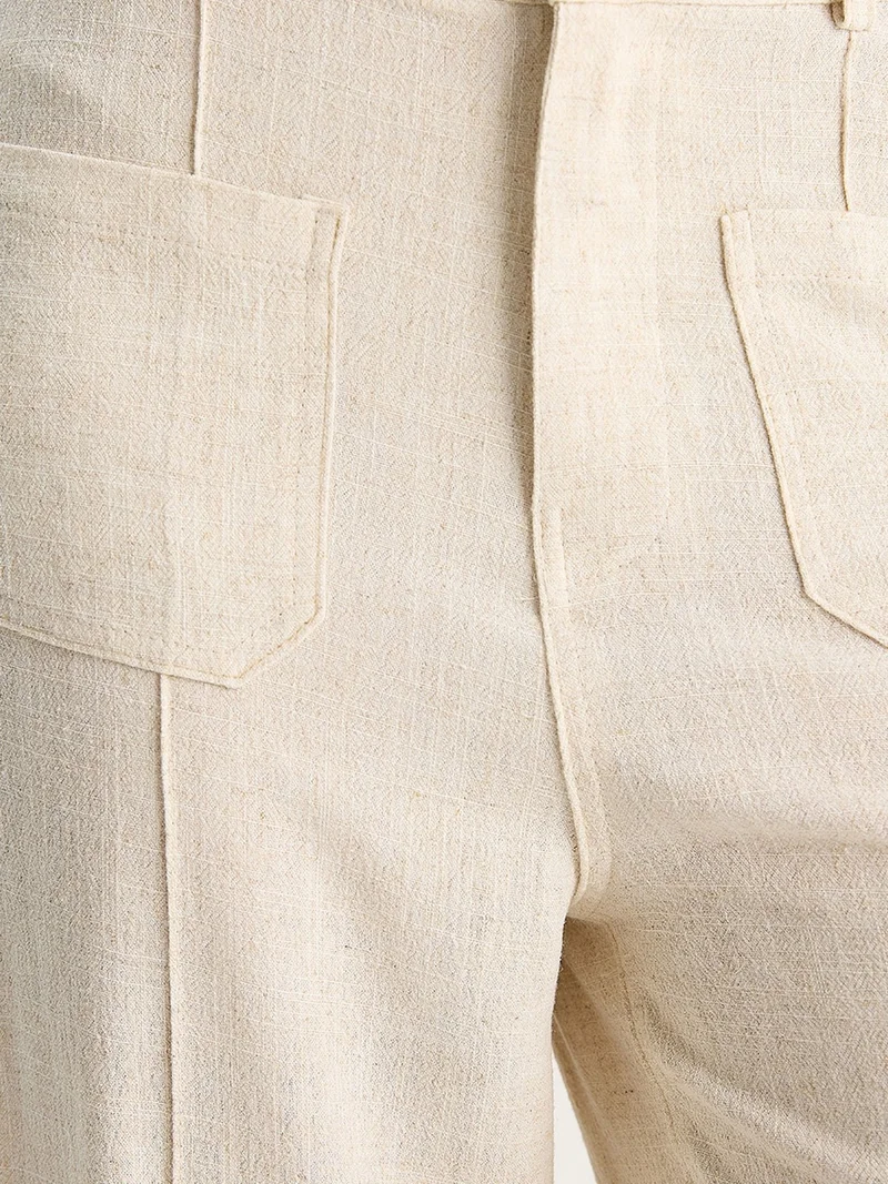 Bianco Lucci Beige Natural LUCCI High Waist Wide Leg Ankle-Length Pants with Belt for Women | Best Price UAE