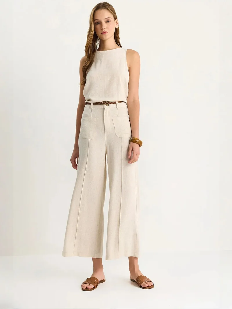Bianco Lucci Beige Natural LUCCI High Waist Wide Leg Ankle-Length Pants with Belt for Women | Best Price UAE