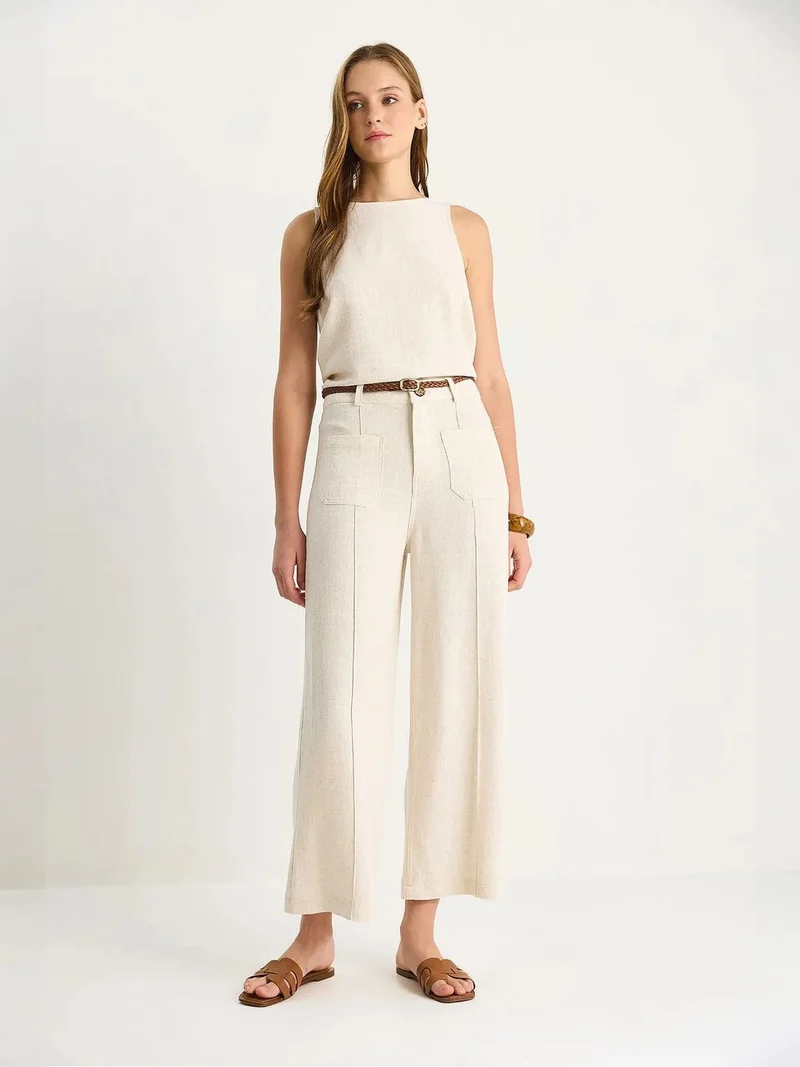 Bianco Lucci Beige Natural LUCCI High Waist Wide Leg Ankle-Length Pants with Belt for Women | Best Price UAE