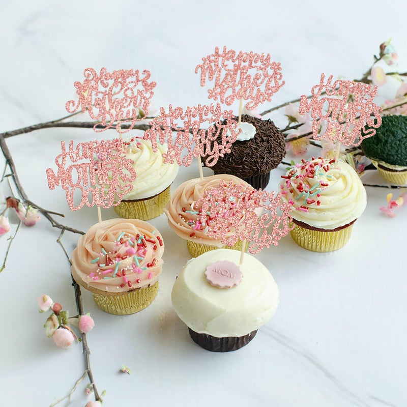 Ephlyn 24Pcs Happy Mothers Day Cupcake Toppers Mom Cupcake Picks Love Mum Cake Decoration Party Supplies for Mother's Day Party Decorations Supplies Rose Gold - Image 4