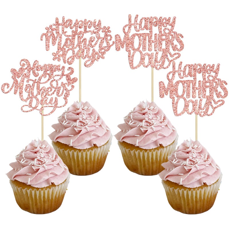Ephlyn 24Pcs Happy Mothers Day Cupcake Toppers Mom Cupcake Picks Love Mum Cake Decoration Party Supplies for Mother's Day Party Decorations Supplies Rose Gold - Image 1
