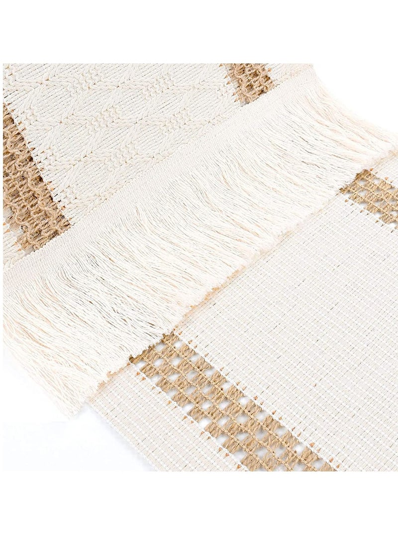 واي آند دي Table Runner Cream Beige Boho With Tassels Hand Woven Cotton Home Linen Layout Fall Kitchen Dining - Image 5