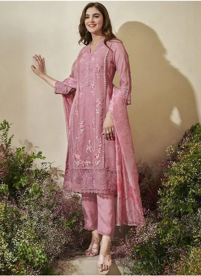 آي شين Women's Peach Viscose Printed Tunic Full Length Casual Straight Fit Kurta Set
