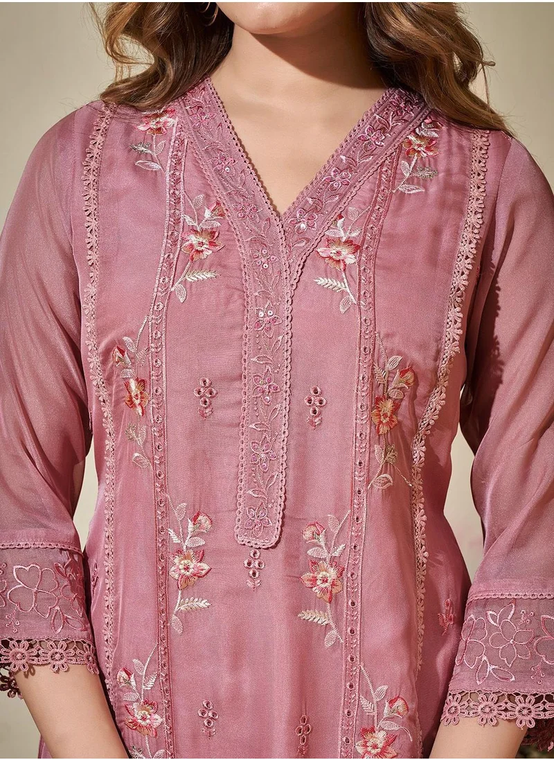 آي شين Women's Peach Viscose Printed Tunic Full Length Casual Straight Fit Kurta Set