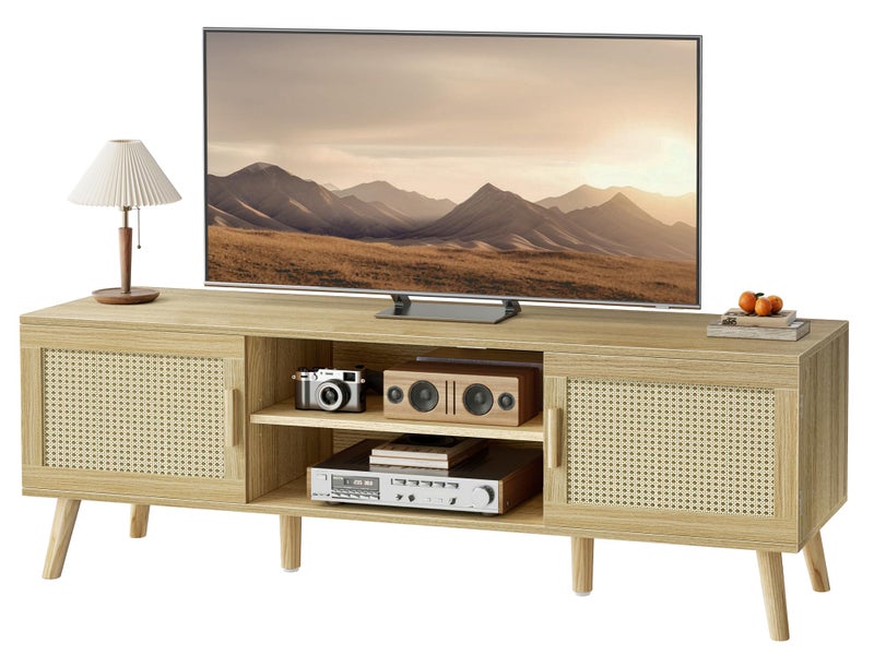 SUPERJARE Boho TV Stand for 65 Inch TV Entertainment Center with Adjustable Shelf Rattan TV Console with 2 Cabinets Media Console Solid Wood Feet 4 Cord Holes for Living Room  Natural