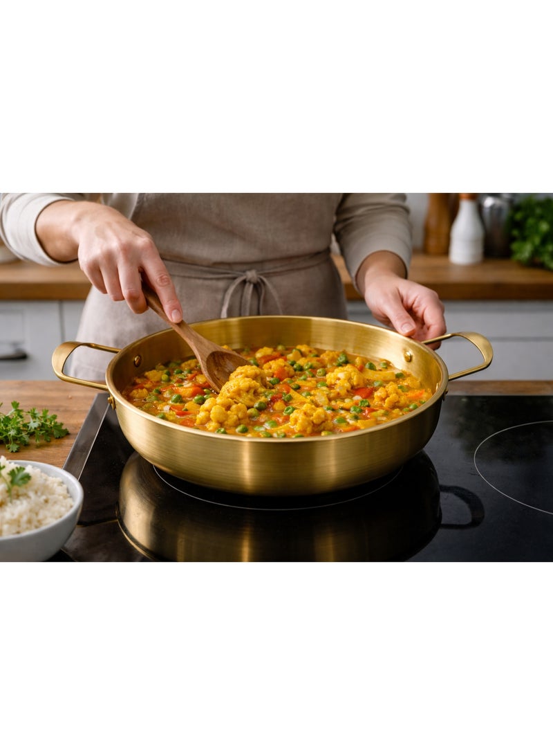 Premium Jumbo Family Size Metal Food Serving Bowl / Flat Cooking Pan with Double Handles - Gold - Image 2