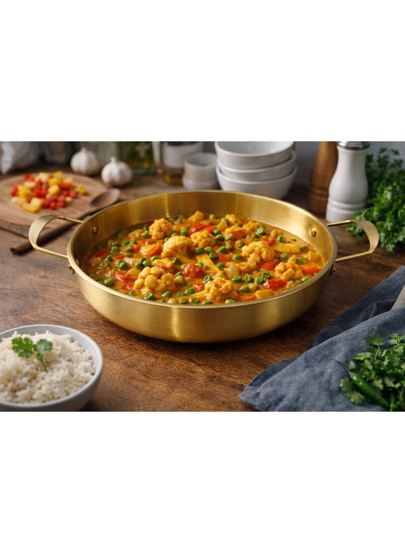 Premium Jumbo Family Size Metal Food Serving Bowl / Flat Cooking Pan with Double Handles - Gold - Image 3